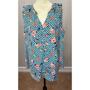 ModCloth Women 2X Top Blue Polka Dot Floral Sleeveless V-Neck Retro‎ Lightweight